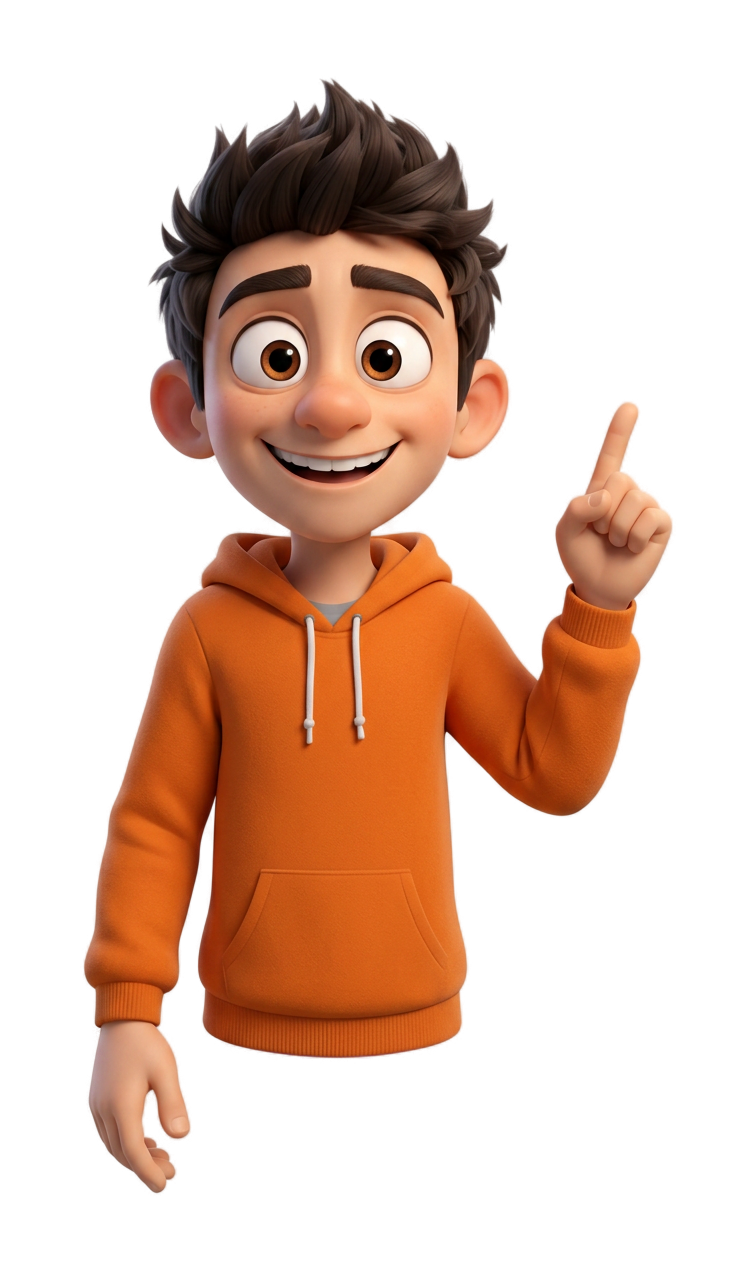 Free-floating young orange-hoodie BDP character presenting an idea